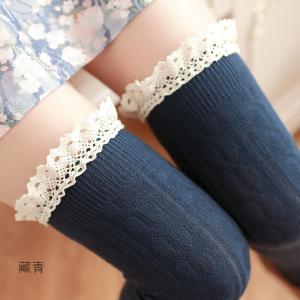 レギンス 工房]レース 付いた 濃いブルー ニーハイソックス 美脚 スリムレギンス 紫外線カット 秋 大雨