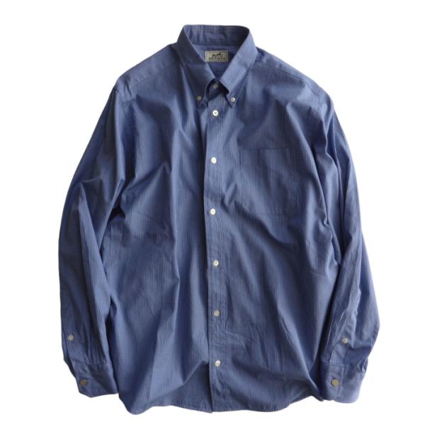 エルメス （HERMES） コットン チェック ボタンダウン シャツ 長袖 42 ブルー ウェア メ...