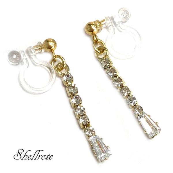 ノンホールピアス 痛くない 樹脂 イヤリング ラインストーンビジュー 20代 30代  ゴールドカラ...