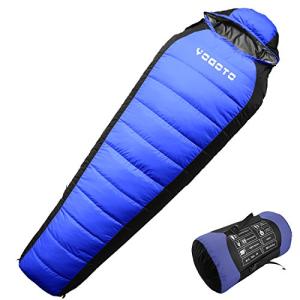 【YOGOTO】寝袋 シュラフ ダウン 連結可 耐寒温度−25℃ スリーピングバック シェラフ マミー型 冬用 羽毛 車内泊 トレッキング 防災 ブルー（Lジッパー）