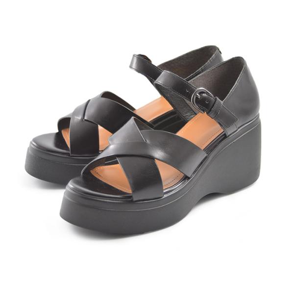 アポム クロスストラップウエッジサンダル 80 ブラック 革 靴 厚底 レディース レザー APOM...