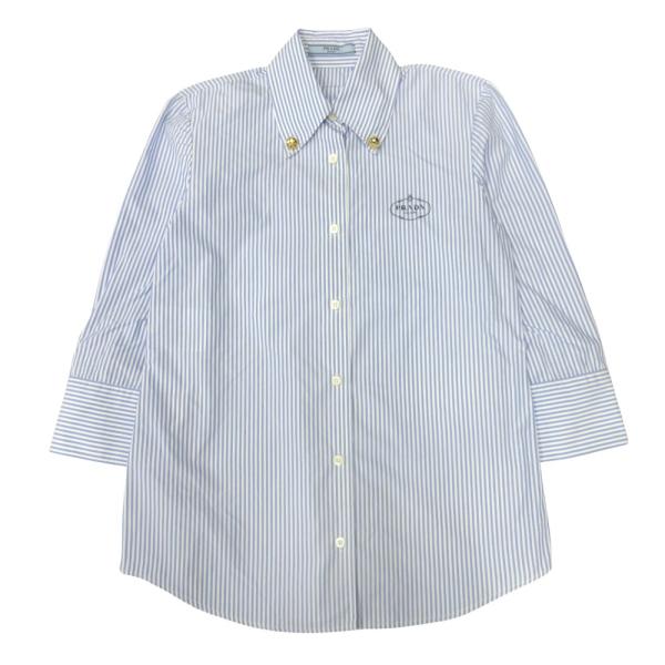 新品同様 24ss PRADA プラダ ボタンダウン シャツ ブラウス カットソー 金ボタン ロゴ ...