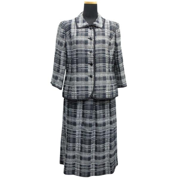 良品 Leilian レリアン セットアップ ツイード ジャケット 七分袖 スカート フレア ビジュ...