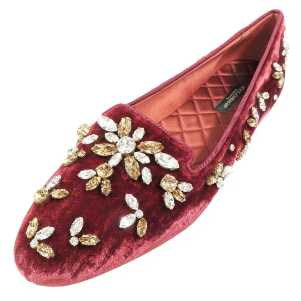 未使用 DOLCE&amp;GABBANA ドルチェ＆ガッバーナ ベロア ビジュー フラットシューズ パンプ...