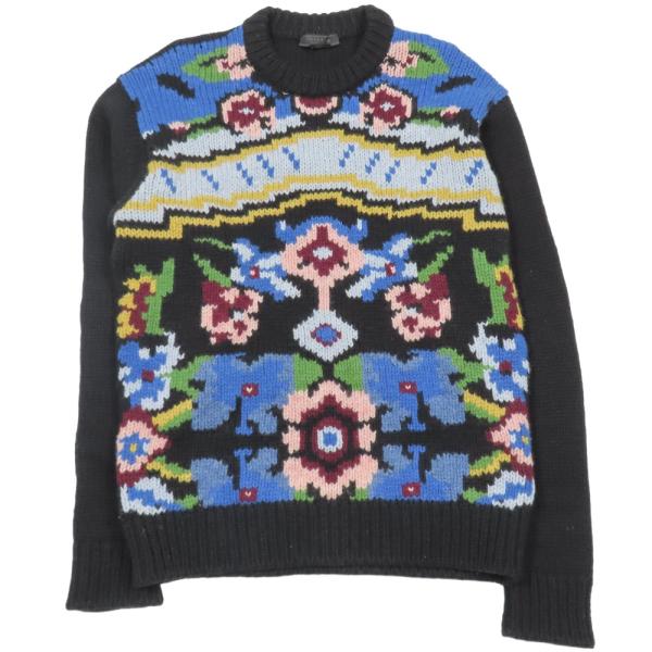 良品 18AW PRADA プラダ ヴァージンウール 総柄 ニット セーター 長袖 厚手 プルオーバ...