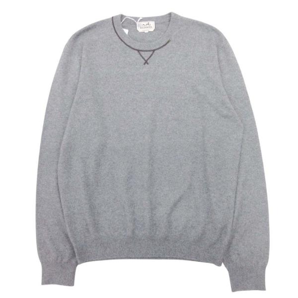 未使用 HERMES エルメス カシミヤ100％ ニット レザートリム セーター プルオーバー クル...