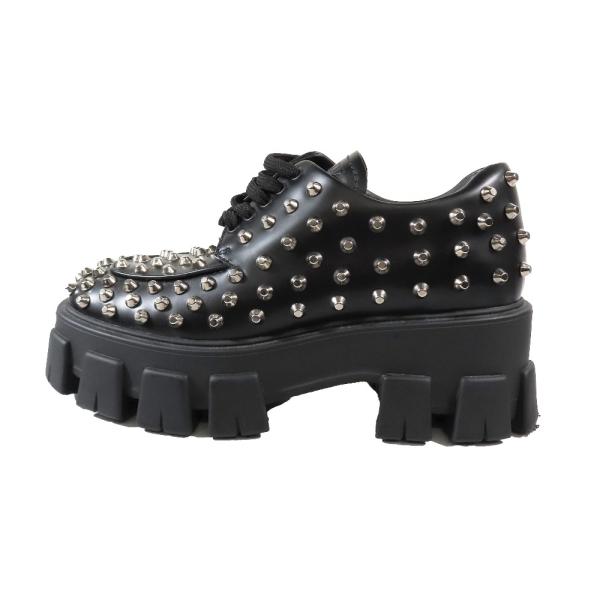 新品同様 PRADA プラダ 714 モノリス ブラッシュドレザー 厚底 スタッズ ローファー レー...