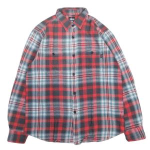 美品 00s 00年代 Stussy ステューシー チェック ネルシャツ カットソー トップス 長袖 コットンフランネル L 赤 レッド 緑 グリーン メンズ 古着 中古