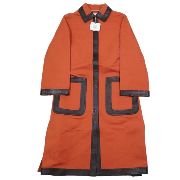 未使用 22SS HERMES エルメス ラムスキンレザートリム ステンカラーコート ロング サイド...