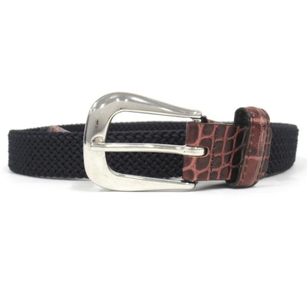 美品 WILLIAM ウィリアム メッシュ ベルト 型押し レザー ストレッチ サイズ80 ネイビー...