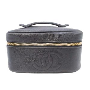 美品 vintage CHANEL シャネル キャビアスキン バニティバッグ ココマーク ステッチ 横型 化粧ポーチ 4番台 黒 ブラック A01997 レディース 古着 中古