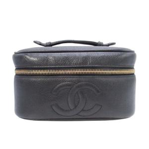 美品 vintage CHANEL シャネル キャビアスキン バニティバッグ ココマーク ステッチ 横型 化粧ポーチ 3番台 黒 ブラック A01997 レディース 古着 中古