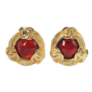 新品同様 CHANEL シャネル 1990年製 vintage ココマーク グリポア イヤリング コスチュームジュエリー アクセサリー ゴールド レッド レディース 古着 中古