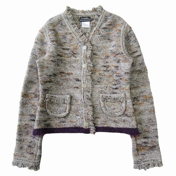 美品 CHANEL シャネル 99A ノーカラー ニット ジャケット ブルゾン カーディガン フリン...