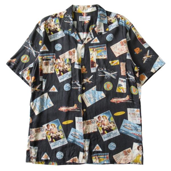 美品 Papas パパス リネン 開襟 シャツ カットソー 半袖 総柄 サイズM 黒 ブラック メン...