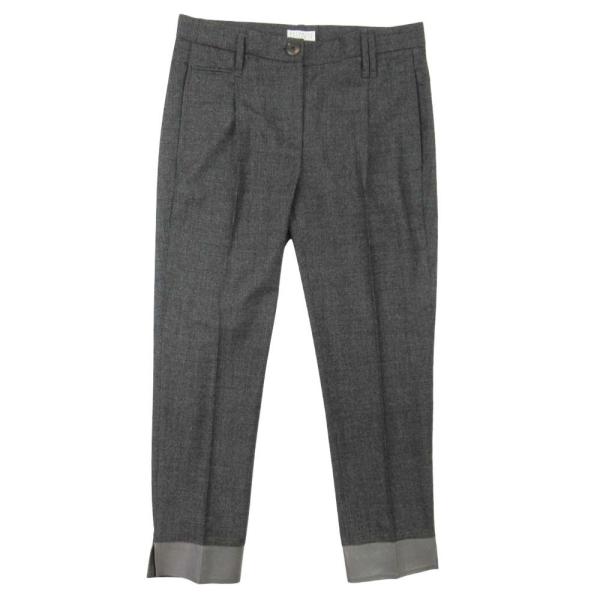 美品 Brunello Cucinelli ブルネロクチネリ レザートリム チェック ウールスラック...