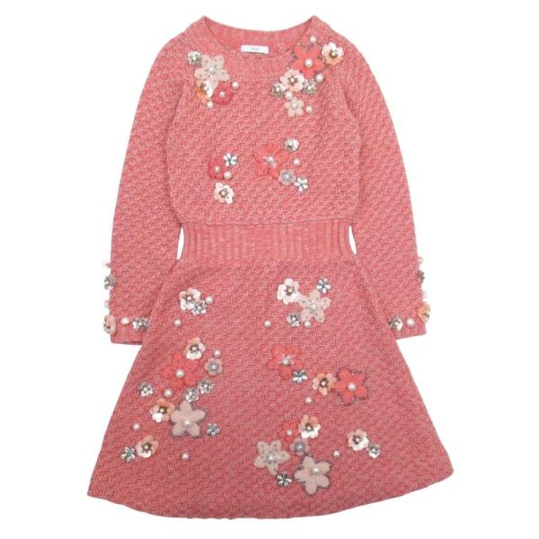 美品 Rene ルネ フラワーモチーフ MIXニット ワンピース ミドルゲージ ドレス 花装飾 長袖...