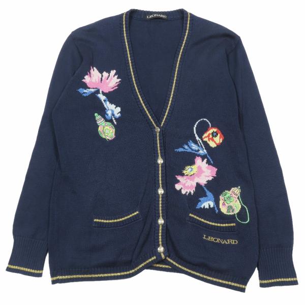 美品 LEONARD レオナール コットンニット カーディガン セーター 長袖 Vネック 刺繍 花柄...
