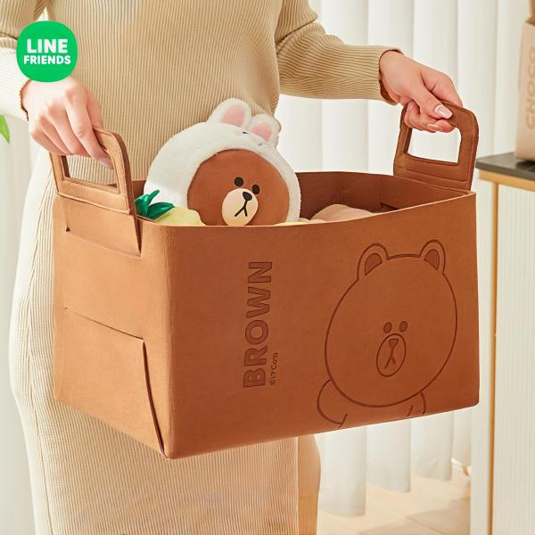 LINE FRIENDS 収納ボックス フェルト 折りたたみ 約20L ブラウン フタなし おもちゃ...