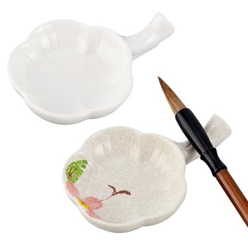 PH PandaHall 2個 セラミック 墨皿 磁器インク皿 絵筆置き 硯 取手付き 花の形 多機...