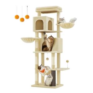FEANDREA キャットタワー 猫タワー スリム 大型猫用 多頭飼い 据え置き 登りやすい 省スペース ハンモック 見晴台 ねこハウス ボンボ