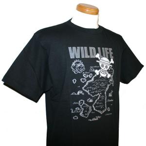 むかしむかし×ワンピース_WILD LIFE_和柄メンズ半袖Ｔシャツ【ブラック】_S-8888｜reneba