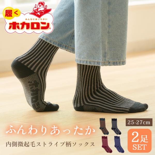 ホカロン ストライプ柄 メンズ ソックス 2足組 履くホカロン 内側微起毛 あったか靴下 ソックス ...