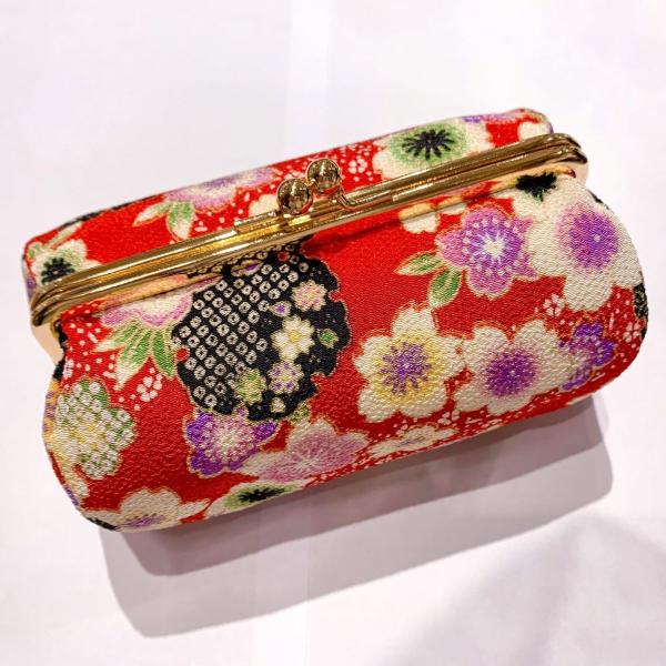 小紋工房 和KOMONO がま口ポーチ 撫子桜 赤 二越 ちりめん 縮緬 コスメポーチ 日本製 クリ...