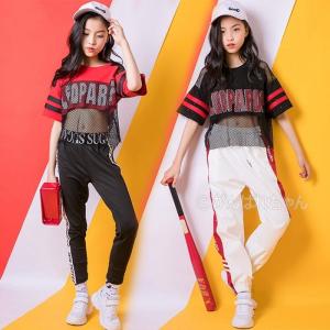 ブラック レッド メッシュトップス 半袖ダンス衣装