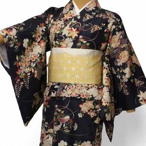 単衣 着物 レンタル セット Mサイズ レディース 黒 秋草文｜rental-kimono