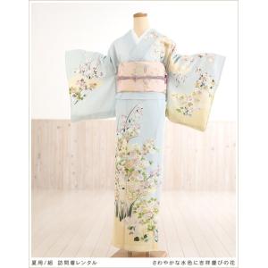 夏用 絽 訪問着レンタル sr5025 着物レンタル フルセット ママ 母親 結婚式 kimono お宮参り 夏着物 人気 レトロ モダン さわやかな水色に吉祥慶びの花｜貸衣裳ぽえむ