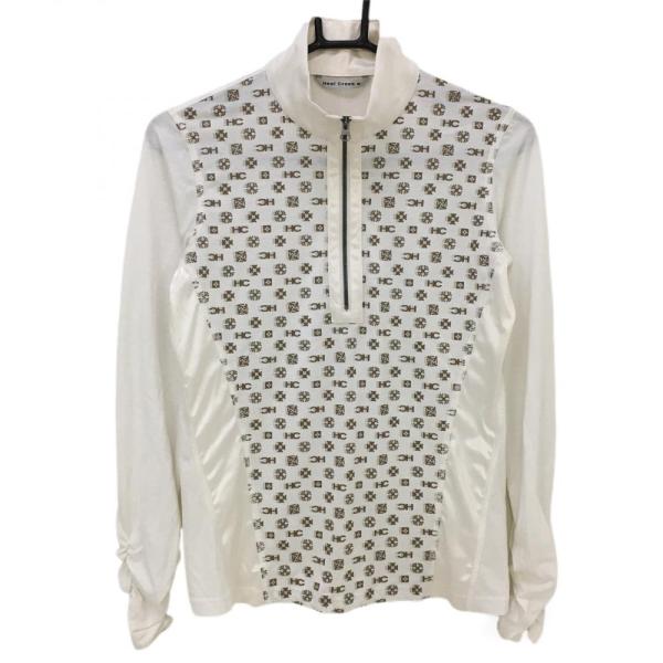 ヒールクリーク 長袖ハイネックシャツ 白×ブラウン 一部ロゴ総柄 ハーフジップ レディース 40(M...