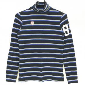 パーリーゲイツ 長袖ハイネックシャツ ダークネイビー×白 ボーダー 日本製 コットン混 レディース 1(Ｍ) ゴルフウェア PEARLY GATES