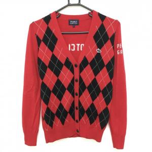 【美品】パーリーゲイツ ニットカーディガン レッド×黒 前面アーガイル柄 ウール100％ レディース 1(M) ゴルフウェア PEARLY GATES