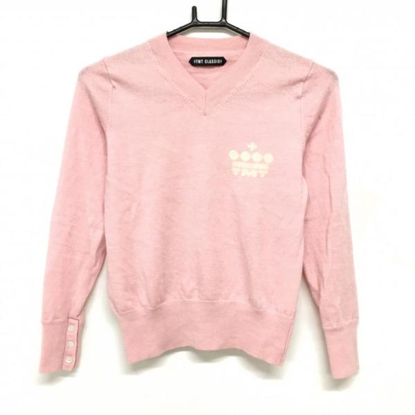 【美品】ティーエムティークラシック セーター ピンク×白 Vネック ウール100％ ニット レディー...