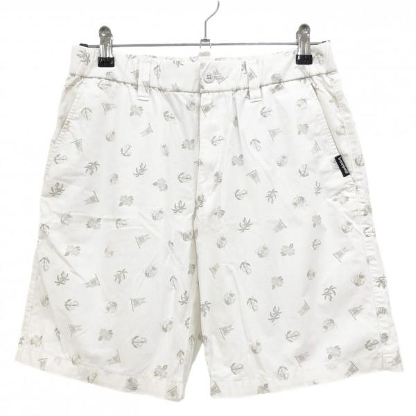 【美品】ルコックゴルフ ハーフパンツ 白×グレー 総柄 ウエストゴム メンズ 76-80 ゴルフウェ...