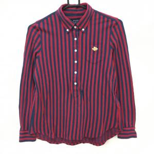【美品】パーリーゲイツ 長袖ポロシャツ レッド×グレー ストライプ　ボタンダウン レディース 0(S) ゴルフウェア PEARLY GATES