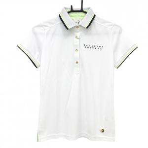 【新品】サマンサタバサNo.7 半袖ポロシャツ 白×ライトグリーン 前立て内側ストライプ レディース 38(M) ゴルフウェア Samantha Thavasa