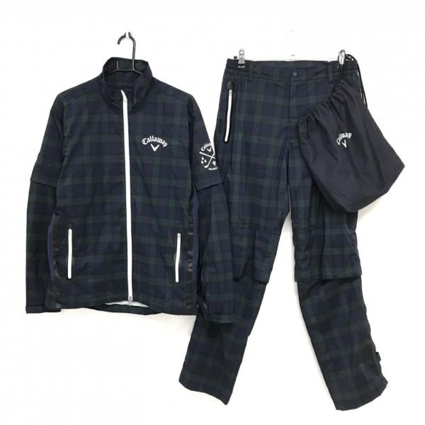 キャロウェイ レインウェア(2WAYジャケット×パンツ) ネイビー×グリーン チェック 袖着脱可 収...