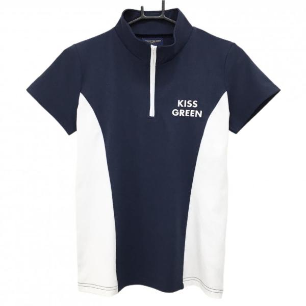 【超美品】キスオンザグリーン 半袖ハイネックシャツ ネイビー×白 ハーフジップ レディース 2(M)...