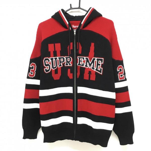 【美品】Supreme シュプリーム ニットジップパーカー 黒×レッド×白 フロントロゴ コットン1...