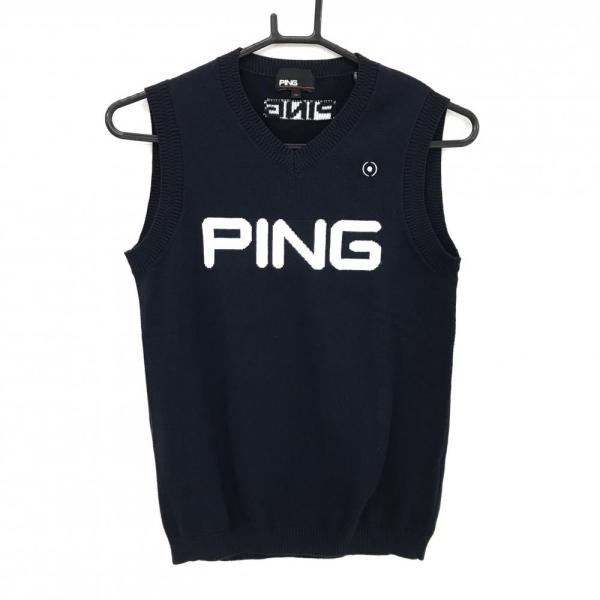 【超美品】ピン ニットベスト ダークネイビー×白 フロントロゴ Vネック レディース M ゴルフウェ...