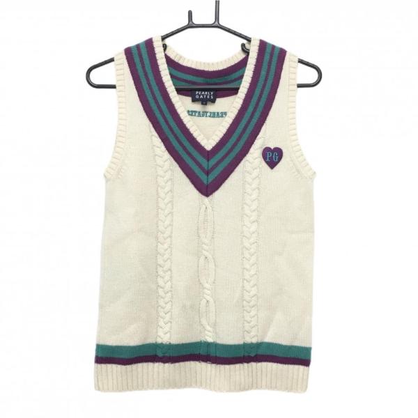 【美品】パーリーゲイツ ニットベスト アイボリー×パープル Vネック ハート レディース 1(M) ...
