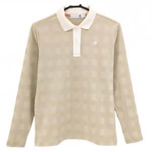 【超美品】ルコックゴルフ 長袖ポロシャツ ベージュ グレンチェック風 ロゴ白 レディース L ゴルフウェア 2024年モデル le coq sportif