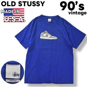 90s ヴィンテージ USA製 銀タグ オールド ステューシー OLD STUSSY シャネル CHANEL ロゴ プリント スニーカー デザイン Tシャツ L ブルー メンズ