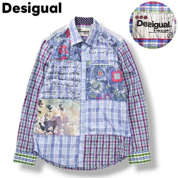 デシグアル Desigual 長袖 パッチワーク シャツ レギュラーカラー ラウンドヘム M 総柄 ...