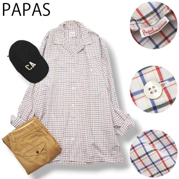 90s パパス PAPAS 長袖 チェック オープンカラー シャツ コットン ループカラー L マル...