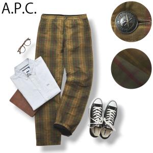 90s ヴィンテージ 日本製 アーペーセー APC オイルド 加工 コットン パンツ ボタンフライ ストレート 31 チェック柄 茶 フレンチ カジュアル メンズ