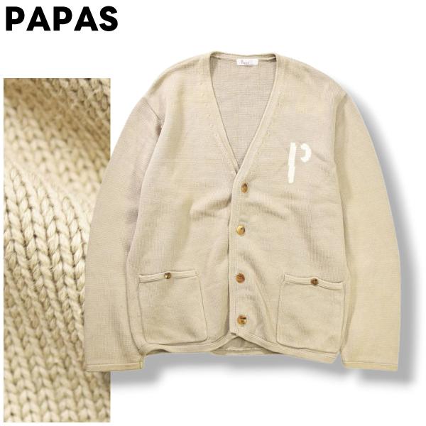 パパス PAPAS イニシャル ロゴ コットン カーディガン ニット セーター ミドルゲージ リラッ...