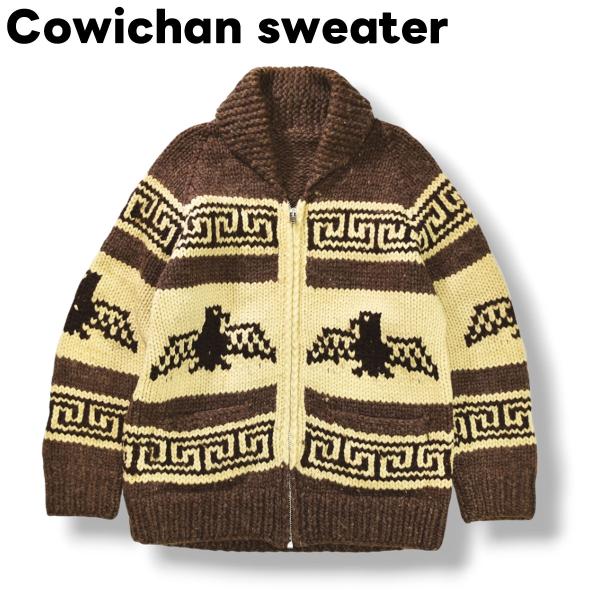 古着 カナダ製 unknown カウチン ニット セーター サンダーバード イーグル 総柄 ブラウン...